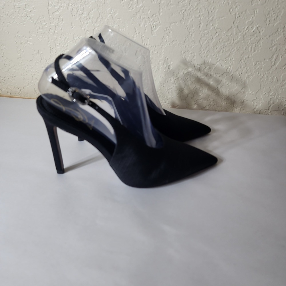Sam Edelman Black Textured Slingback Pumps Pointed Toe Crystal Buckle Heels 8.5